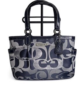 Retired Coach Op Art Signature Navy Gray Jacquard Patent Leather Tote Bag